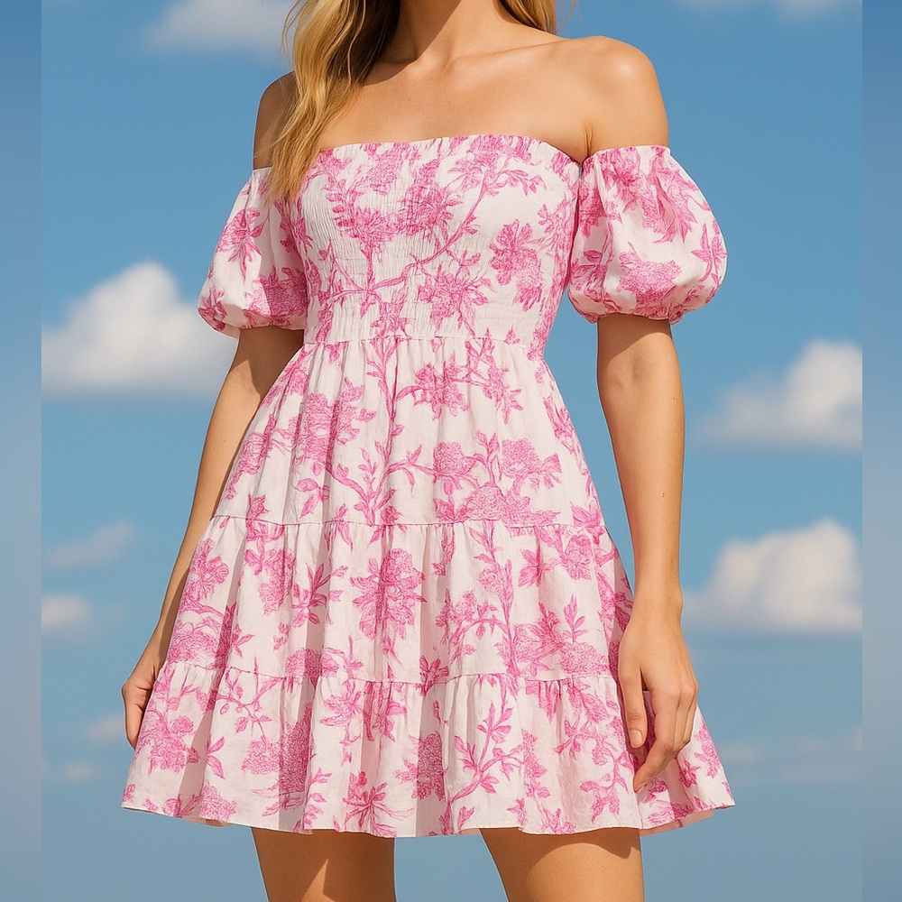 🆕 🌸 AQUA Pink Toile Off-Shoulder Cotton Mini Dress Bloomingdale’s Exclusive S